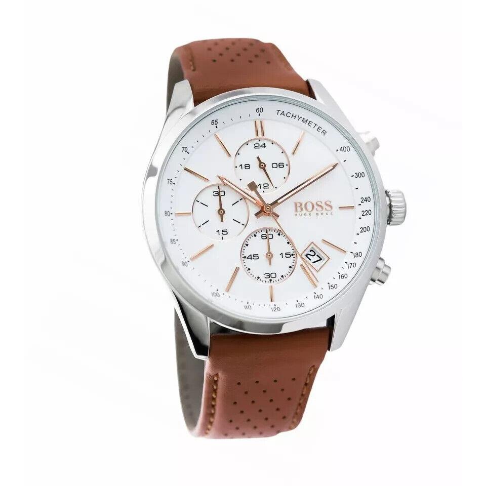 Hugo Boss HB1513475 Grand Prix White Dial Leather Band Men`s Watch