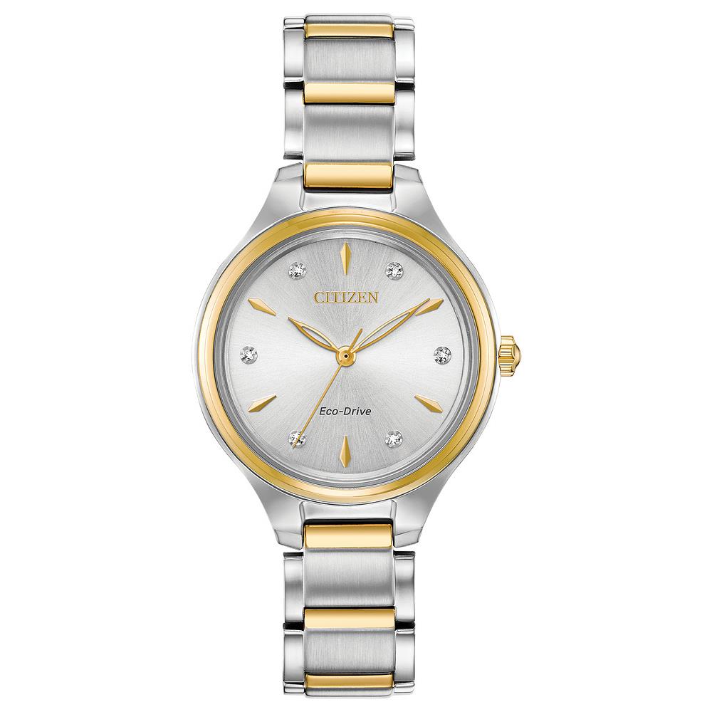 Citizen Eco-drive Corso Women`s Watch Stainless Steel Diamond-FE2104-50A - Dial: Silver, Band: Silver, Gold, Yellow, Multicolor, Bezel: Gold