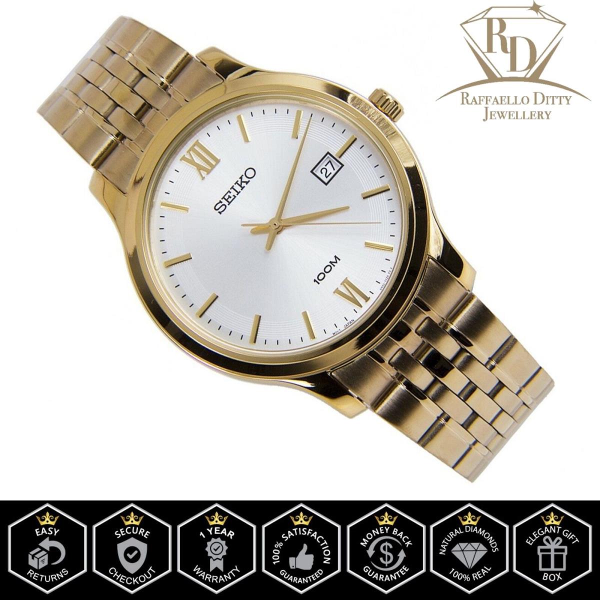 Seiko Men`s Watch Classic Quartz White Dial Yellow Gold Christmas Gift SUR224