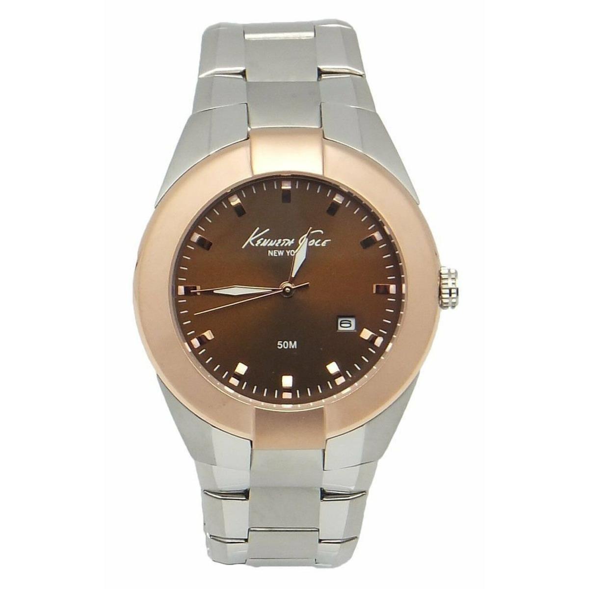 Kenneth Cole York Dress Date Men`s Analog Round Watch KC9132 Rose-gold Bezel - Dial: Brown, Band: , Bezel: Rose Gold