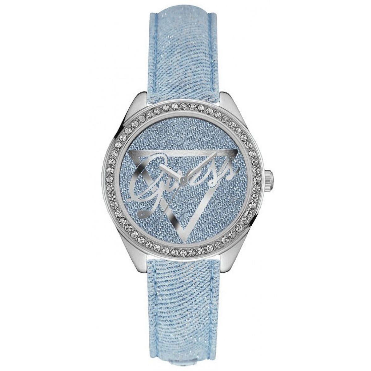 Guess Silver Tone Blue Denim Leather Band Crystals Bezel Logo Watch U0456L10
