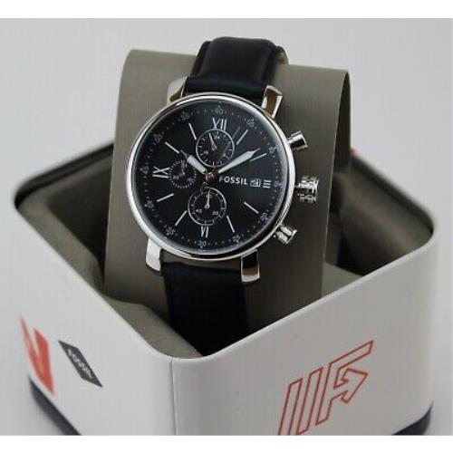 Fossil Rhett Chronograph Silver Black Leather Men`s BQ1006 Watch ...