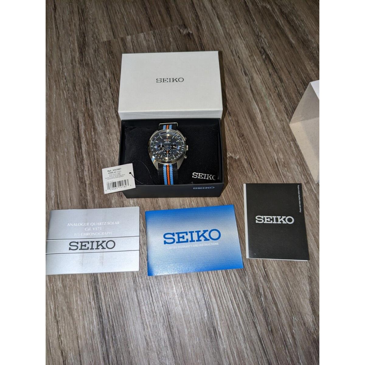 Seiko Recraft Blue Men`s Watch SSC667 Analogue Quartz Solar Wristwatch