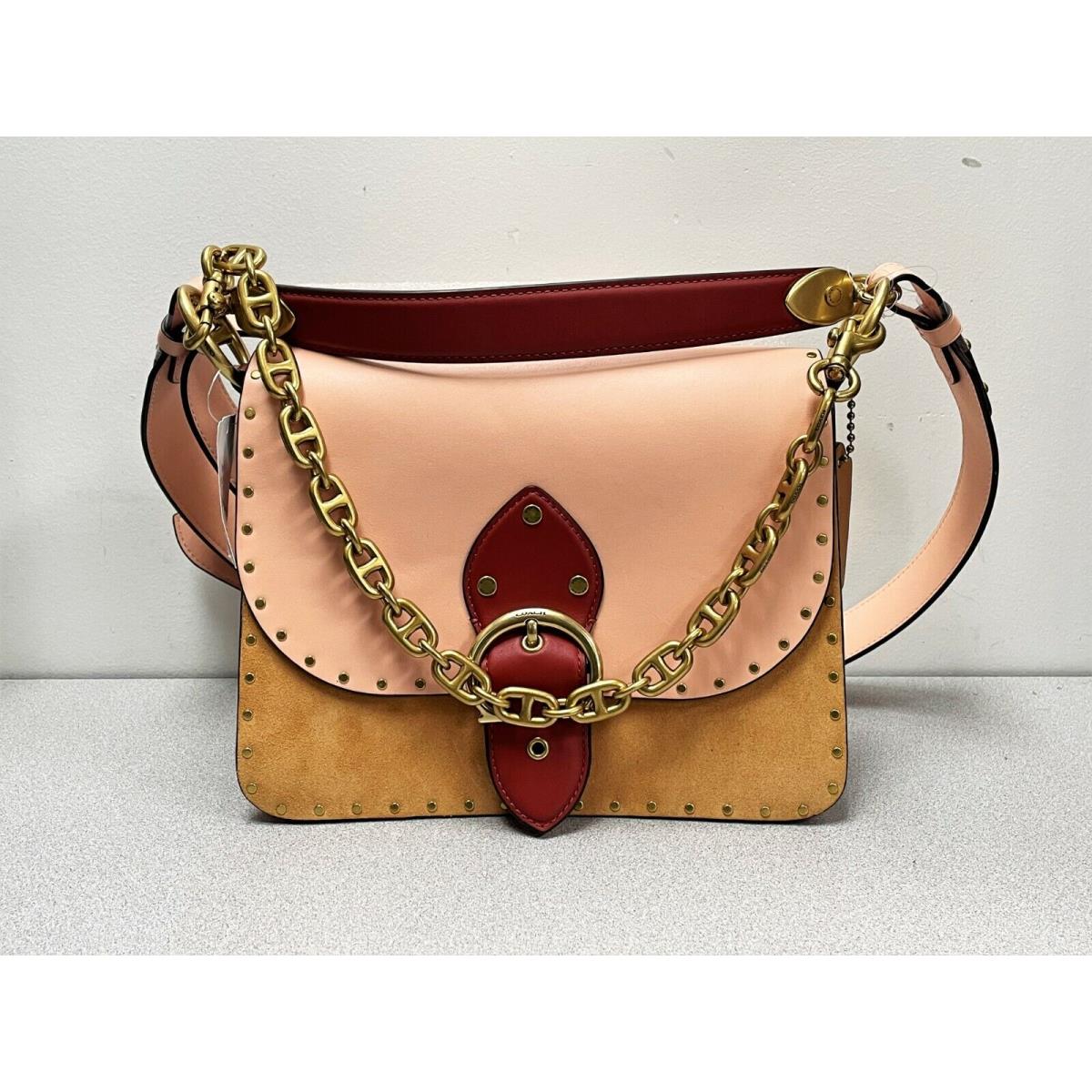 Coach Colorblock Mixed Leather Beat Shoulder Bag with Rivets Blush