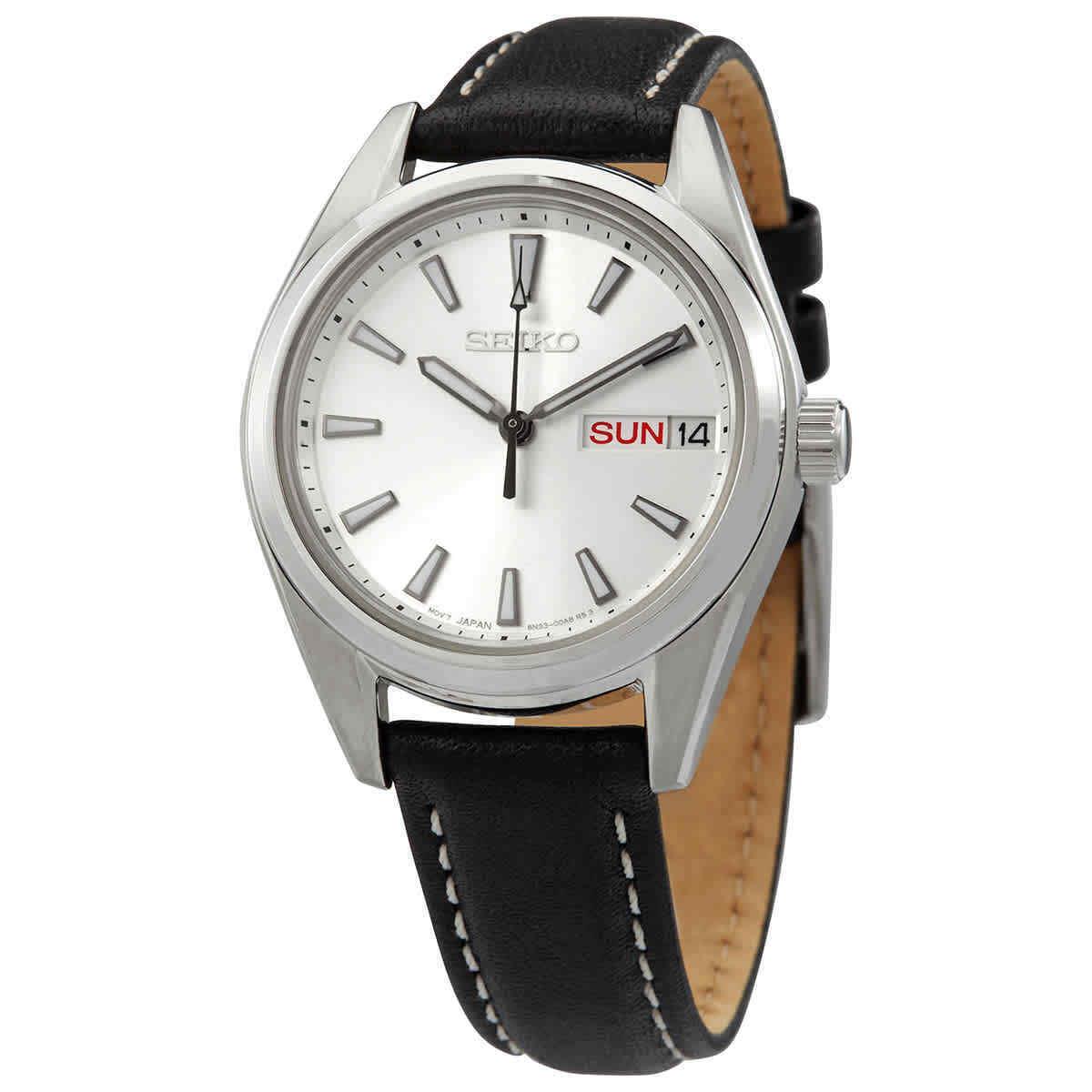 Seiko Neo Classic Quartz Silver Dial Ladies Watch SUR455P1 - Dial: Silver, Band: Black, Bezel: Silver