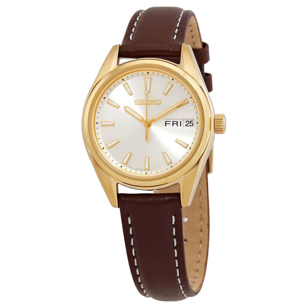 Seiko Neo Classic Quartz Champagne Dial Ladies Watch SUR456P1 - Dial: Champagne, Band: Brown, Bezel: Gold