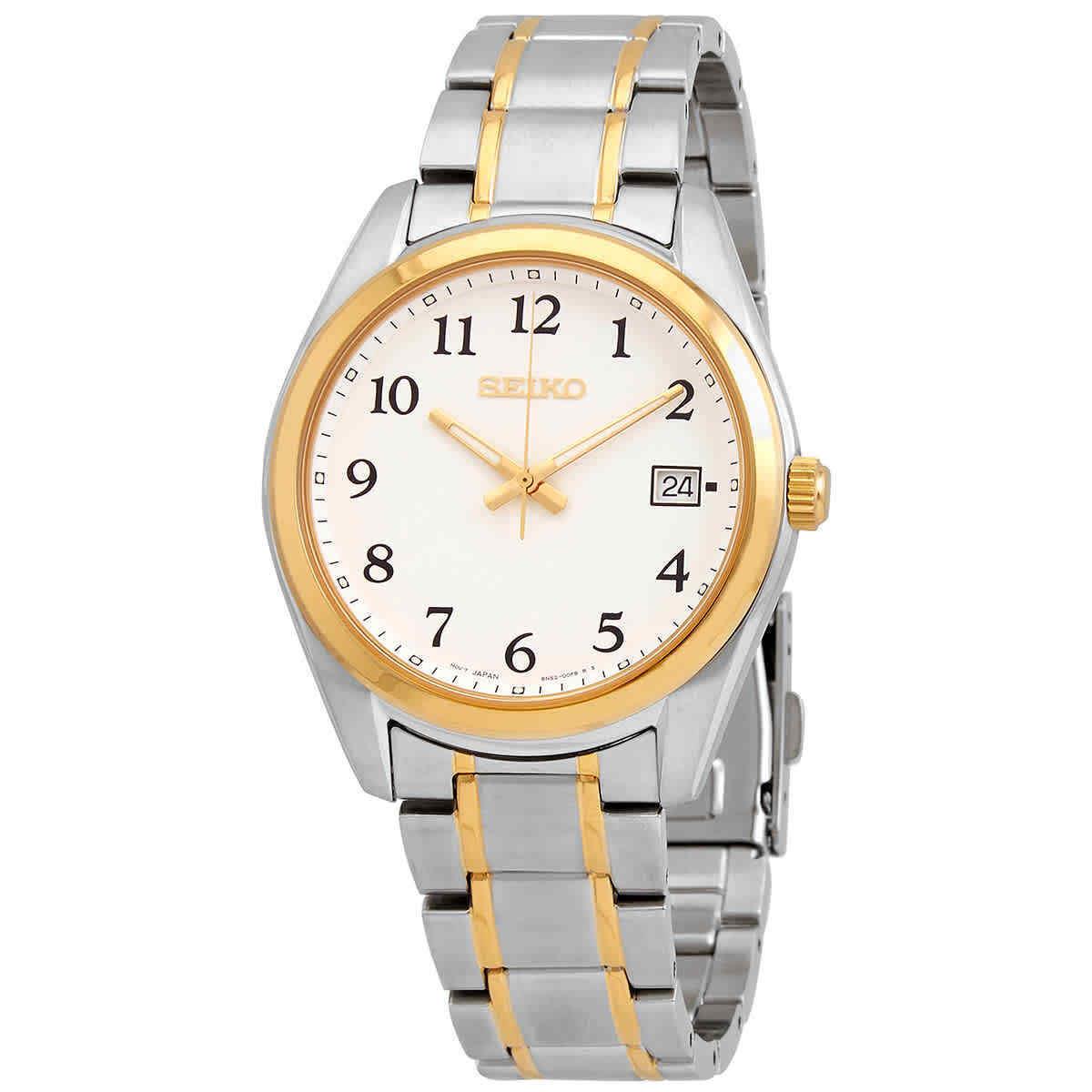 Seiko Core Quartz White Dial Men`s Watch SUR460P1 - Dial: White, Band: Silver, Gold, Bezel: Gold