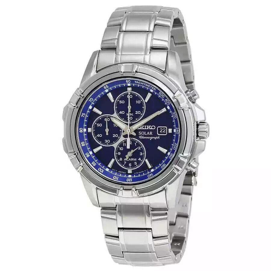 Seiko Solar Blue Men`s Watch - SSC141 Alarm Chronograph Stainless