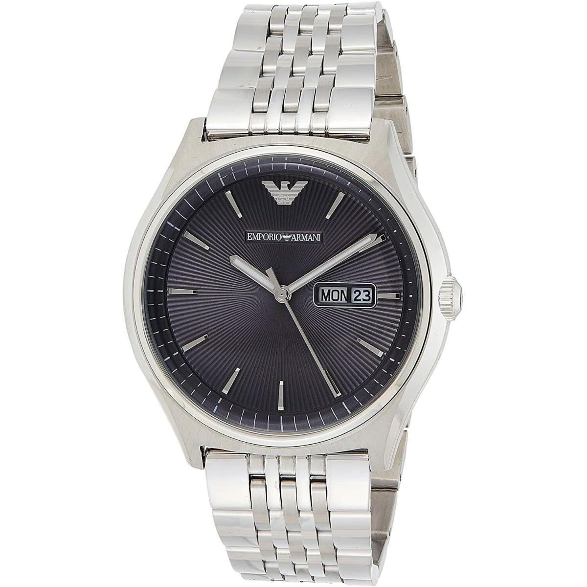 Emporio Armani AR1977 Silver Tone Black Dial Mens Day Date Classic Watch