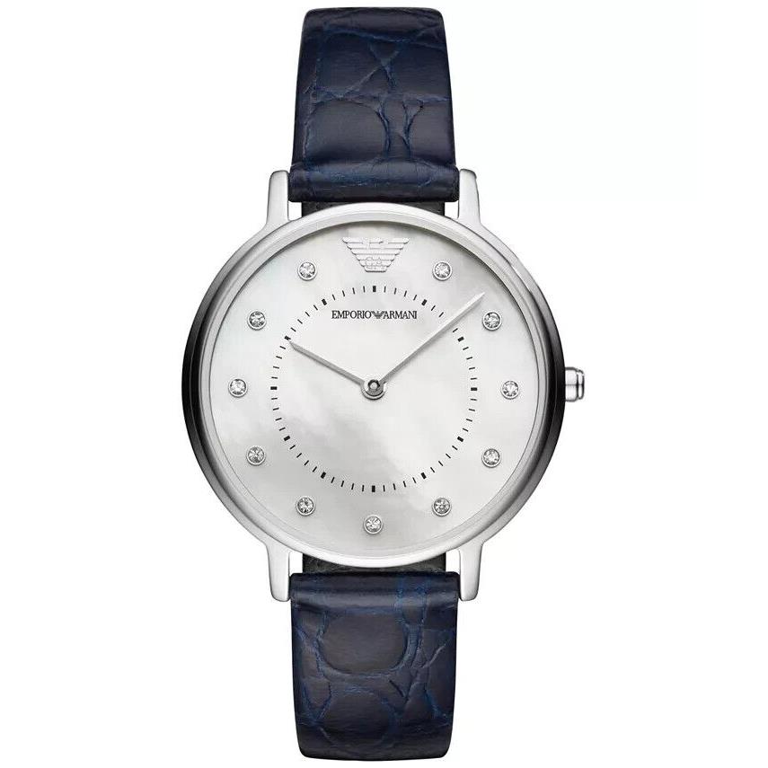 Emporio Armani AR1109 Silver Tone Blue Dial Navy Blue Leather Strap Womens Watch