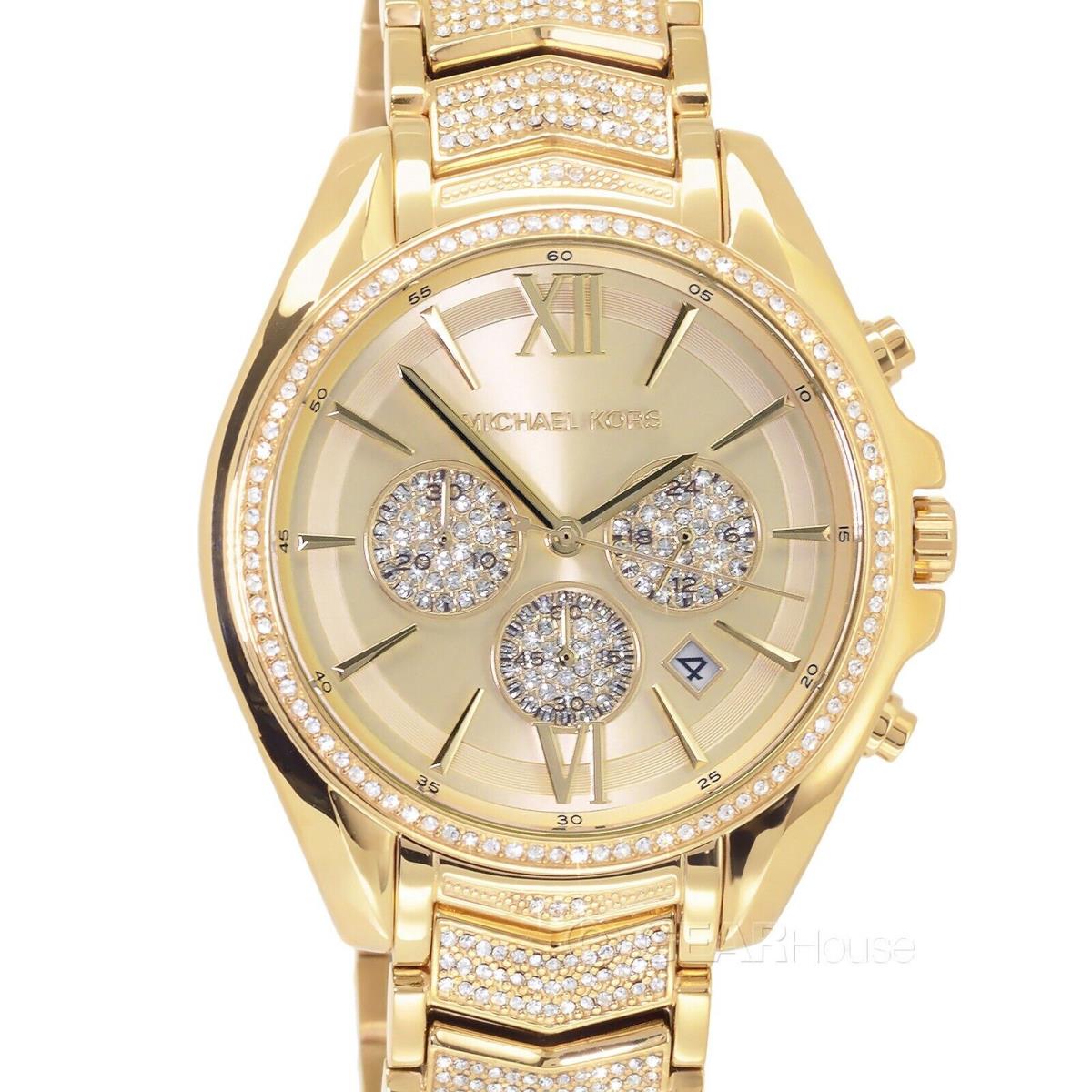 Michael Kors Oversized Whitney Womens Glitz Watch Gold Dial Chrono Pave Crystals - Dial: Gold, Band: Gold, Bezel: Gold