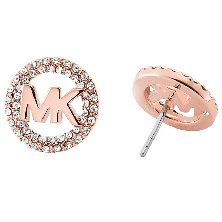 Michael Kors MK Logo Rose Gold Stud Earrings Crystals MKJ7324791 + MK Gift Box