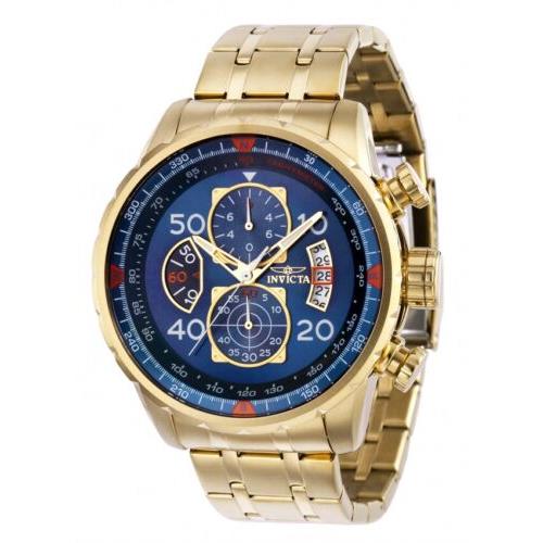 Invicta 48MM Men`s Aviator Quartz Multifunction Blue Dial Stainless Watch 36602 - Blue Dial, Gold Band, Gold Bezel