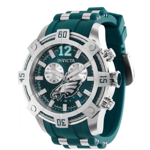 Invicta Nfl Philadelphia Eagles Men`s 52mm Fly-back Chronograph Watch 35802 - Silver Dial, Green Band, Silver Bezel