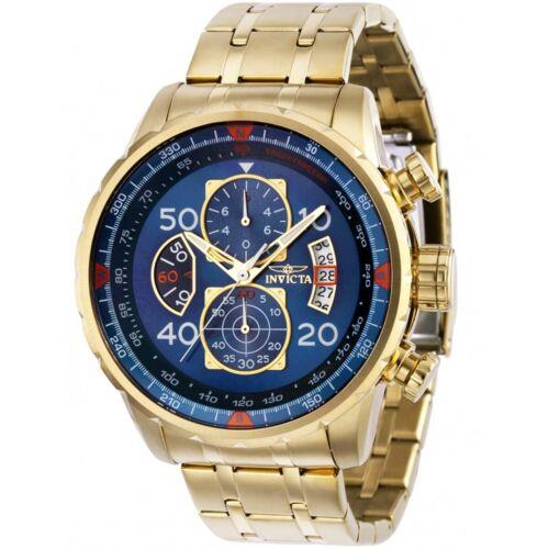 Invicta Men`s Watch Aviator Quartz Chronograph Blue Dial YG Steel Bracelet 36602 - Blue Dial, Yellow Band