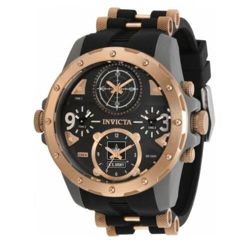 Invicta US Army Men`s 50mm Titanium Case 4-Time Zones Rose Gold Watch 31969 - Gray Dial, Black Band, Rose Gold Bezel