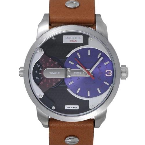 Diesel DZ7308 Mini Daddy Blue and Black Dial Tan Leather Men`s Watch - Blue Dial, Brown Band, Blue Bezel