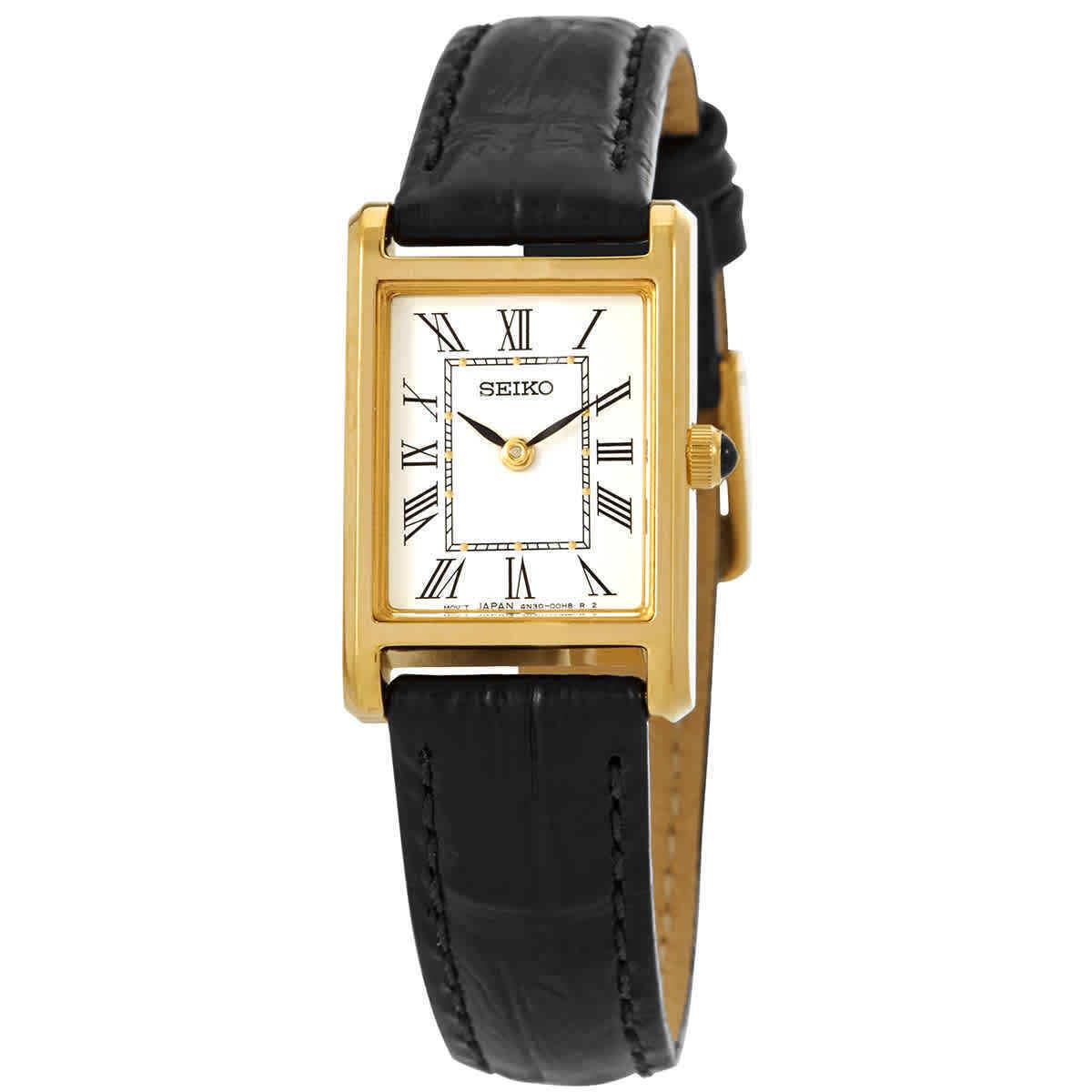 Seiko Quartz White Dial Black Leather Ladies Watch SWR054