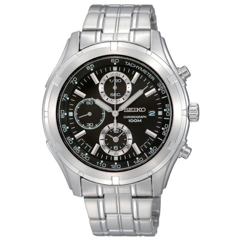 Seiko Men`s Black Dial Chronograph Stainless Steel Analog Quartz Watch SNDC37