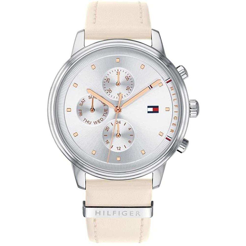 Tommy Hilfiger 1781906 Silver Tone Beige Leather Strap Casual Womens Watch