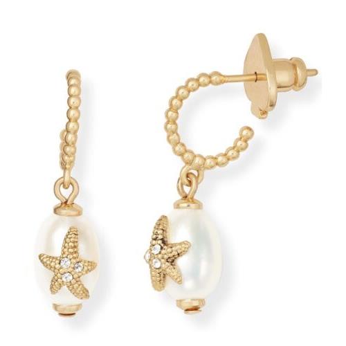 Kate Spade Goldtone CZ Starfish Freshwater Pearl 7mm Charm Hoop Earrings Jks