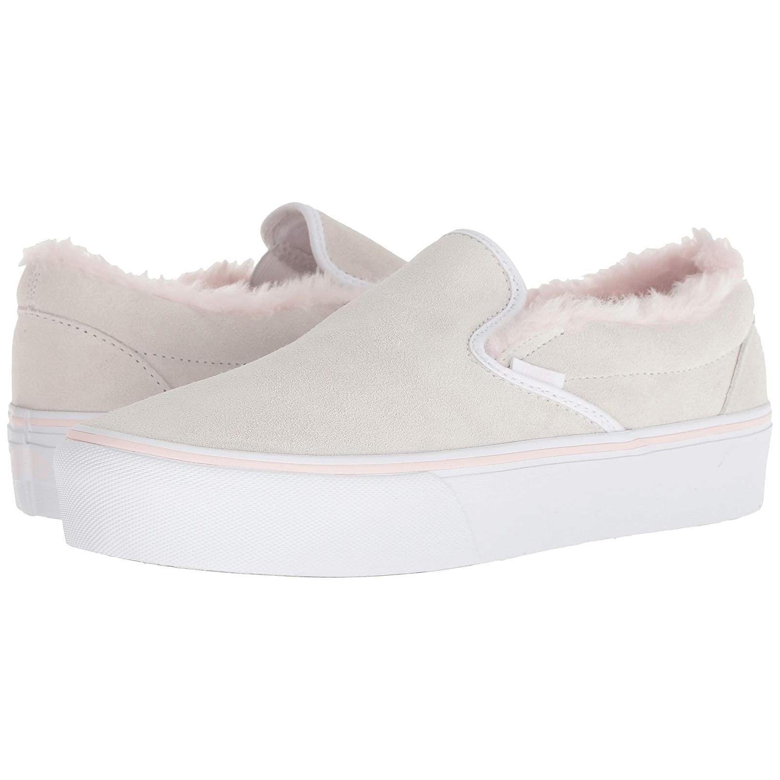 Adult Unisex Sneakers Athletic Shoes Vans Classic Slip-on Platform (Suede/Fur) True White/Pink