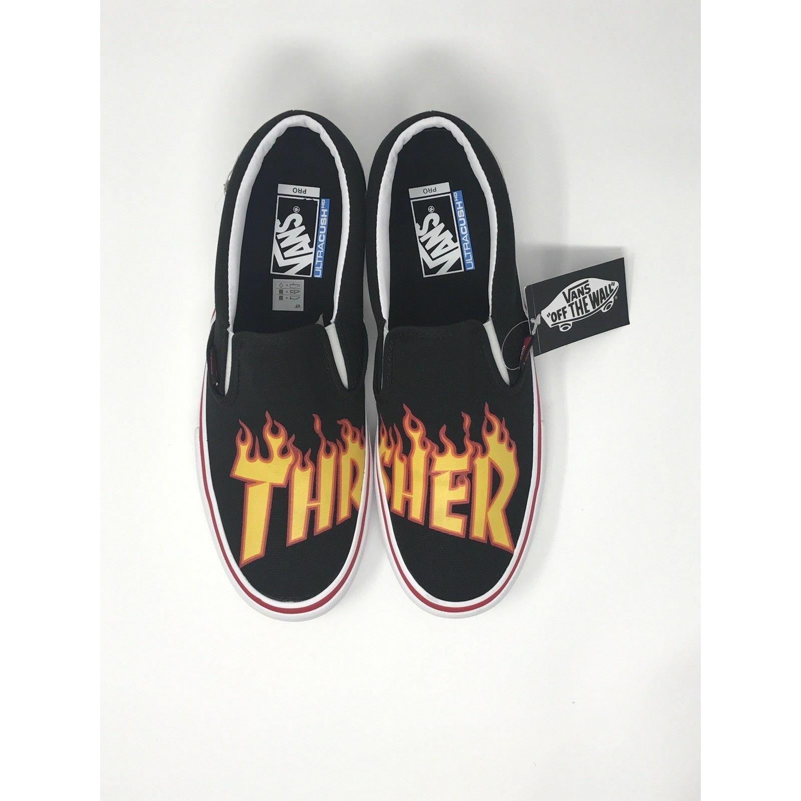 Vans Thrasher Flames Men`s 11.5 Classic Slip On Skate Shoes Black Pro