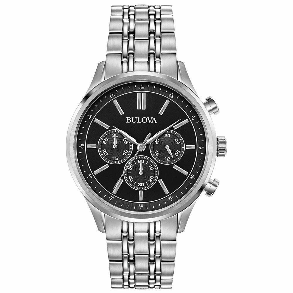 Bulova Men`s 96A211 Stainless Chrono Black Dial Bracelet Watch - Silver-tone