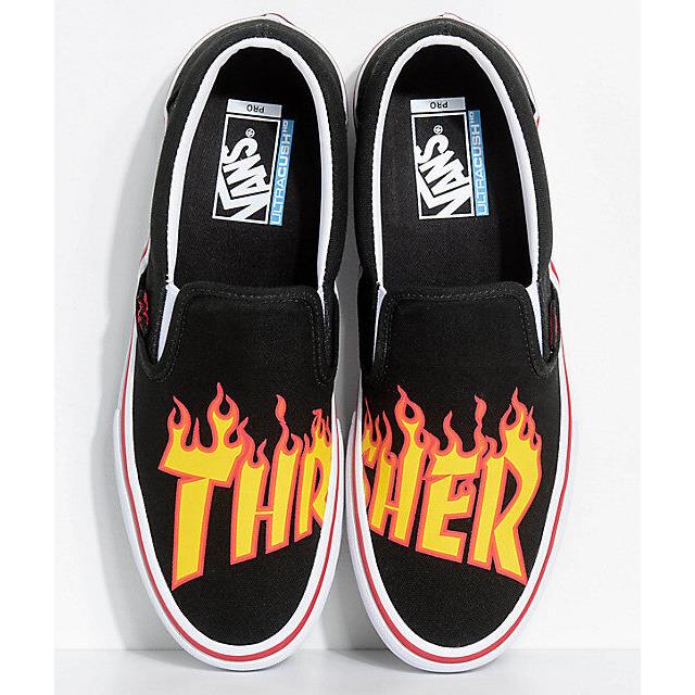 Vans x Thrasher Slip-on Black Skate Shoes Mens Womens Black Flames Fire Mag
