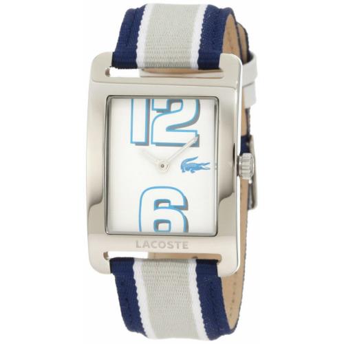 Lacoste Silver Tone Blue+grey Striped Fabric+leather Band Watch 2000693