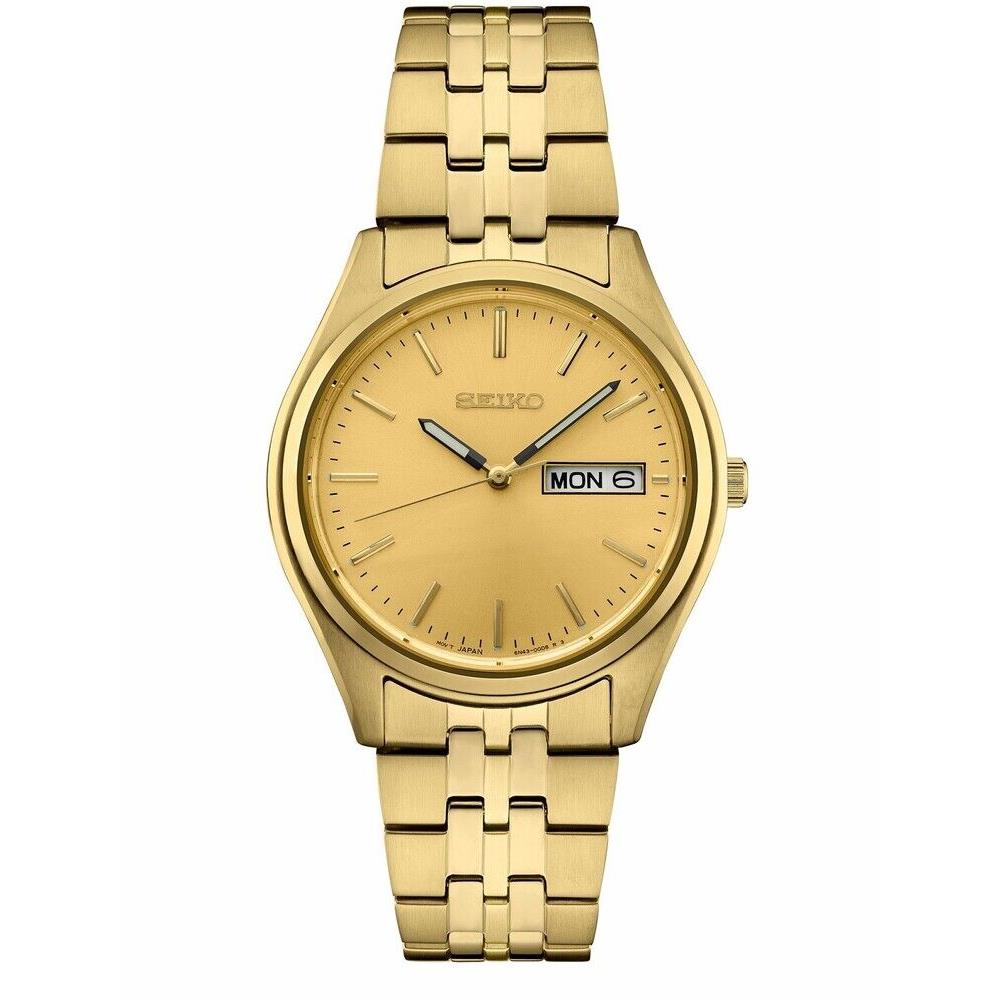 Seiko Men`s Japanese Quartz Dress Golden Stainless Steel Strap Watch SUR434 - Dial: Gold, Band: Gold