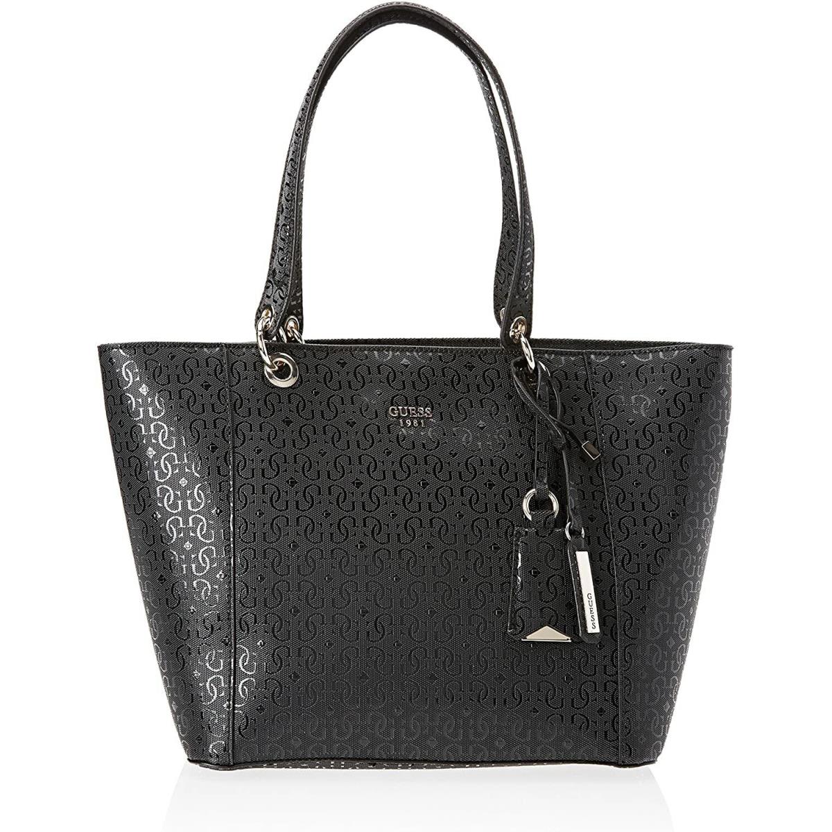 Guess Women`s Kamryn Black Logo Embossed Glossy Shine Large Tote Bag Handbag