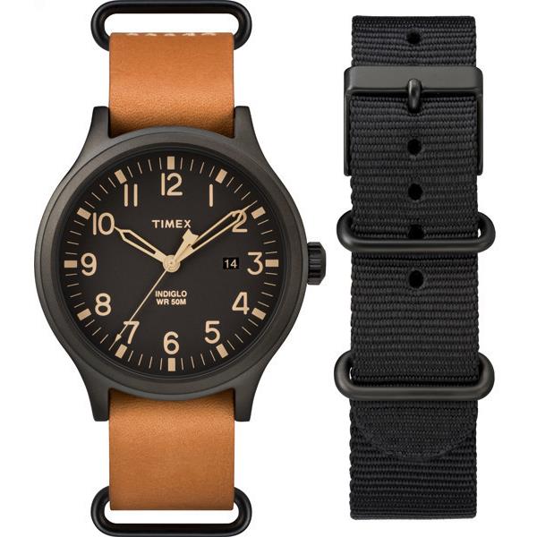 Timex Gunmetal Tone Brown Leather+black Nylon Bands 2 PC Set Watch TWG017400