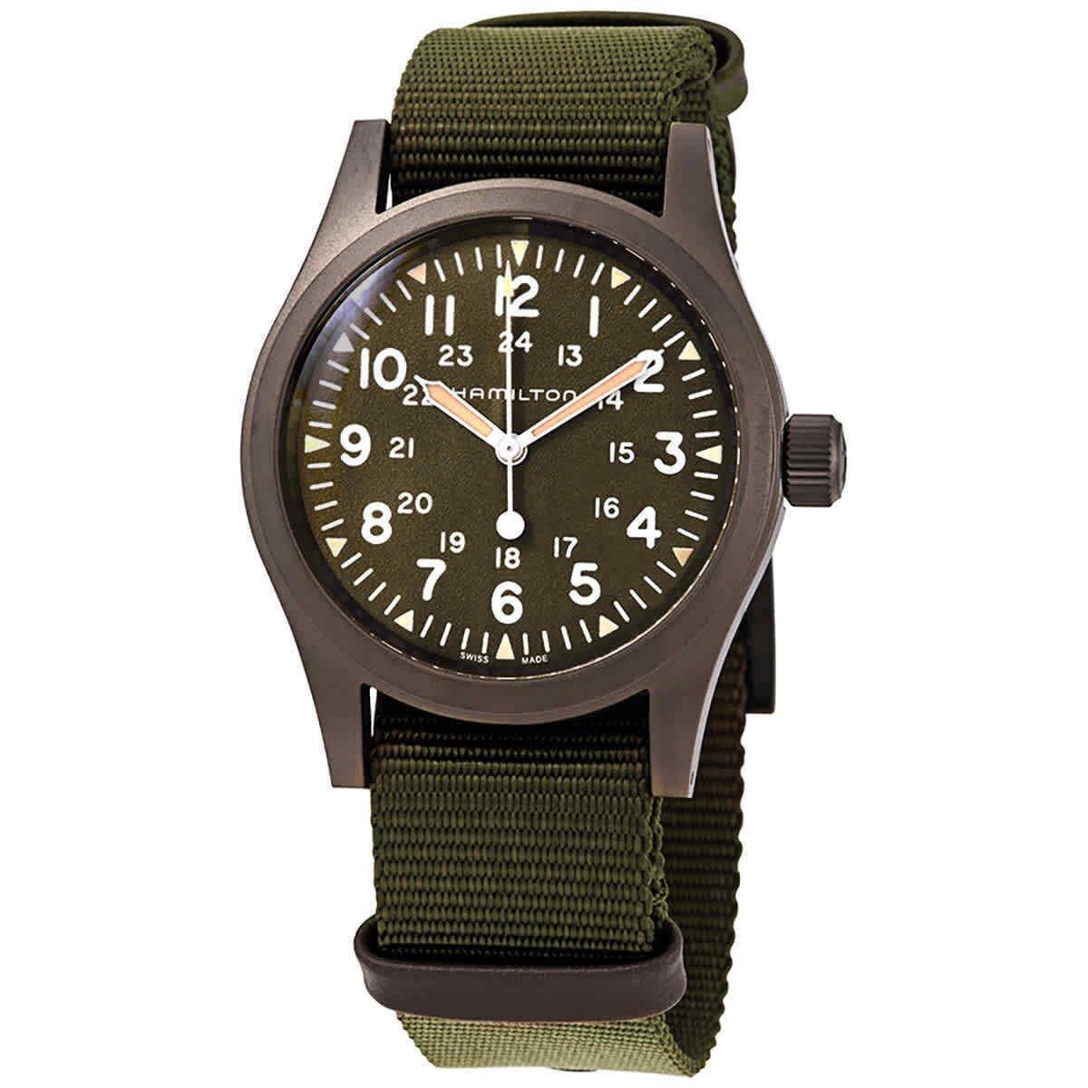 Hamilton Khaki Field Men`s Hand Wound Watch H69449961 - Dial: Green, Band: Green, Bezel: Silver