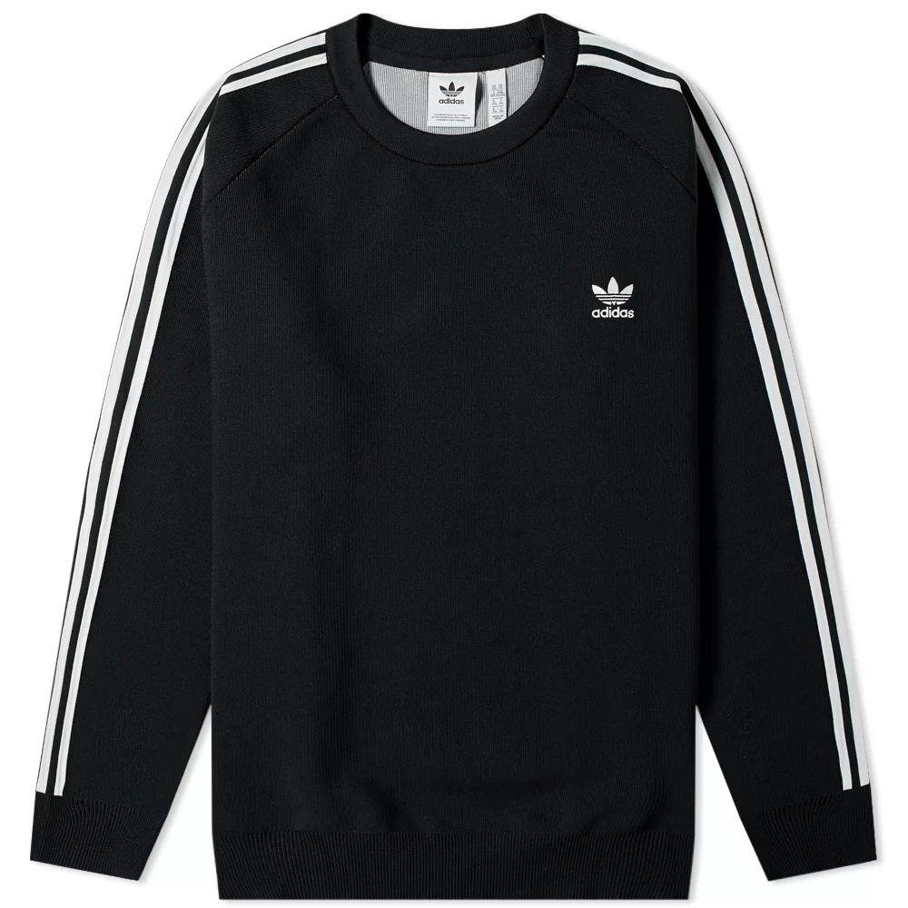 Mens Adidas Originals Knit Crew Black Pullover Three Stripe Sweatshirt