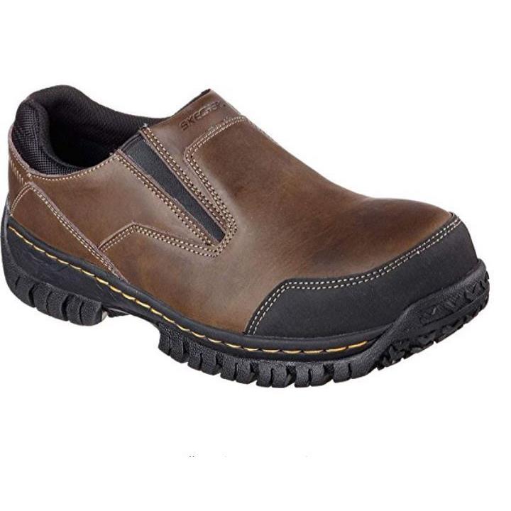 Skechers Men`s Hartan Dk Brown Leather Memory Foam Work Shoe Steel Toe EH 77066