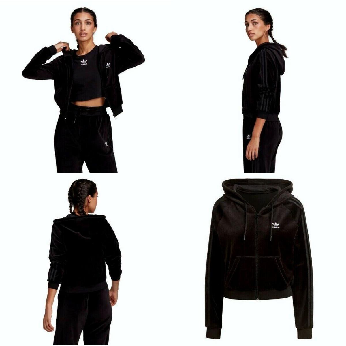 Adidas Cropped Full Zip Hoodie Velour Black Loungewear Women`s XS H18827