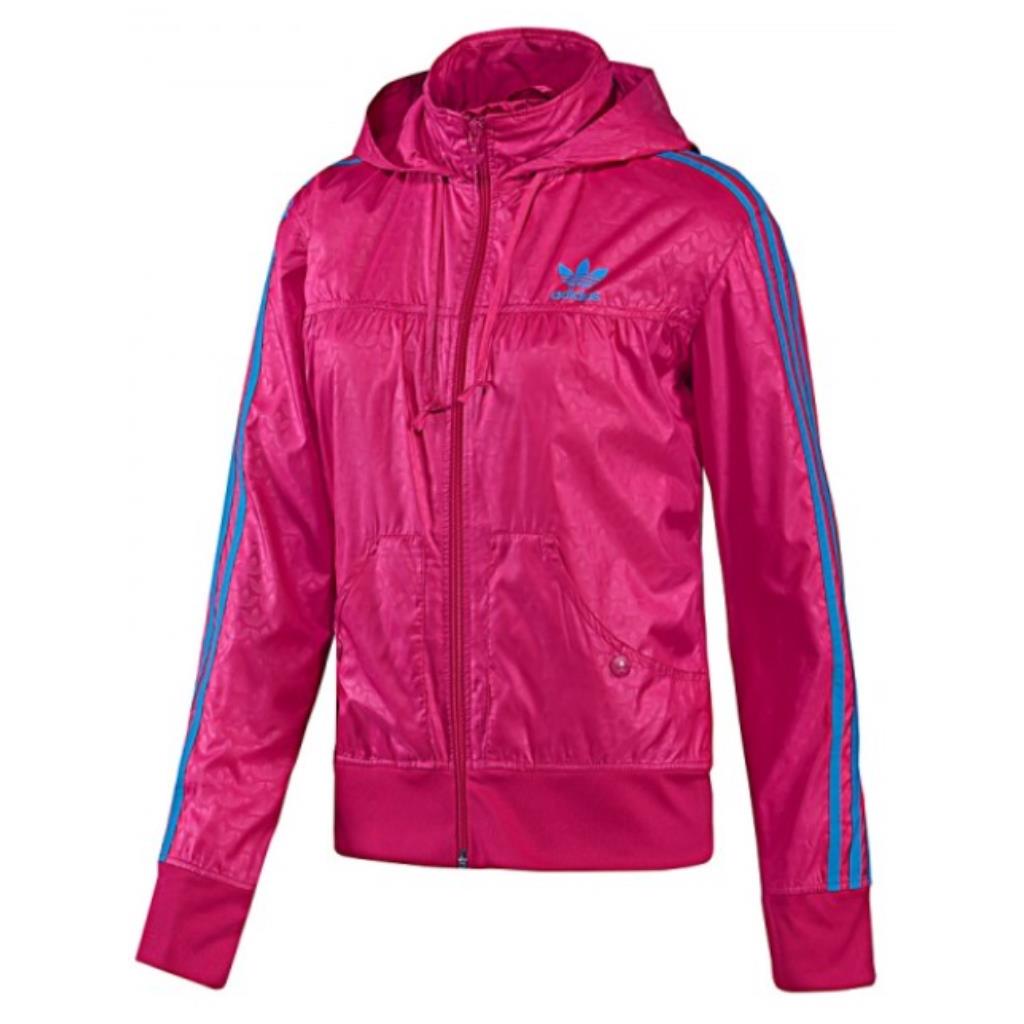 Adidas Women`s Windbreaker Hooded Zip Front Jacket Hot Pink Blue Stripes Size M