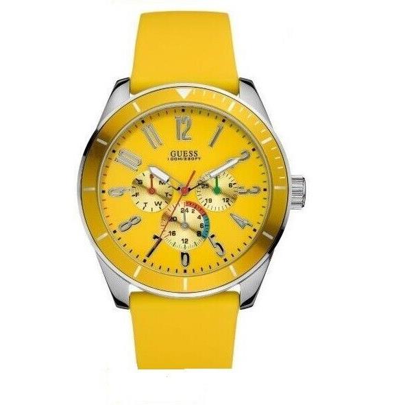 Guess Silver Tone Yellow Silicone Band Multi Dial Red Accent Watch U95138G5