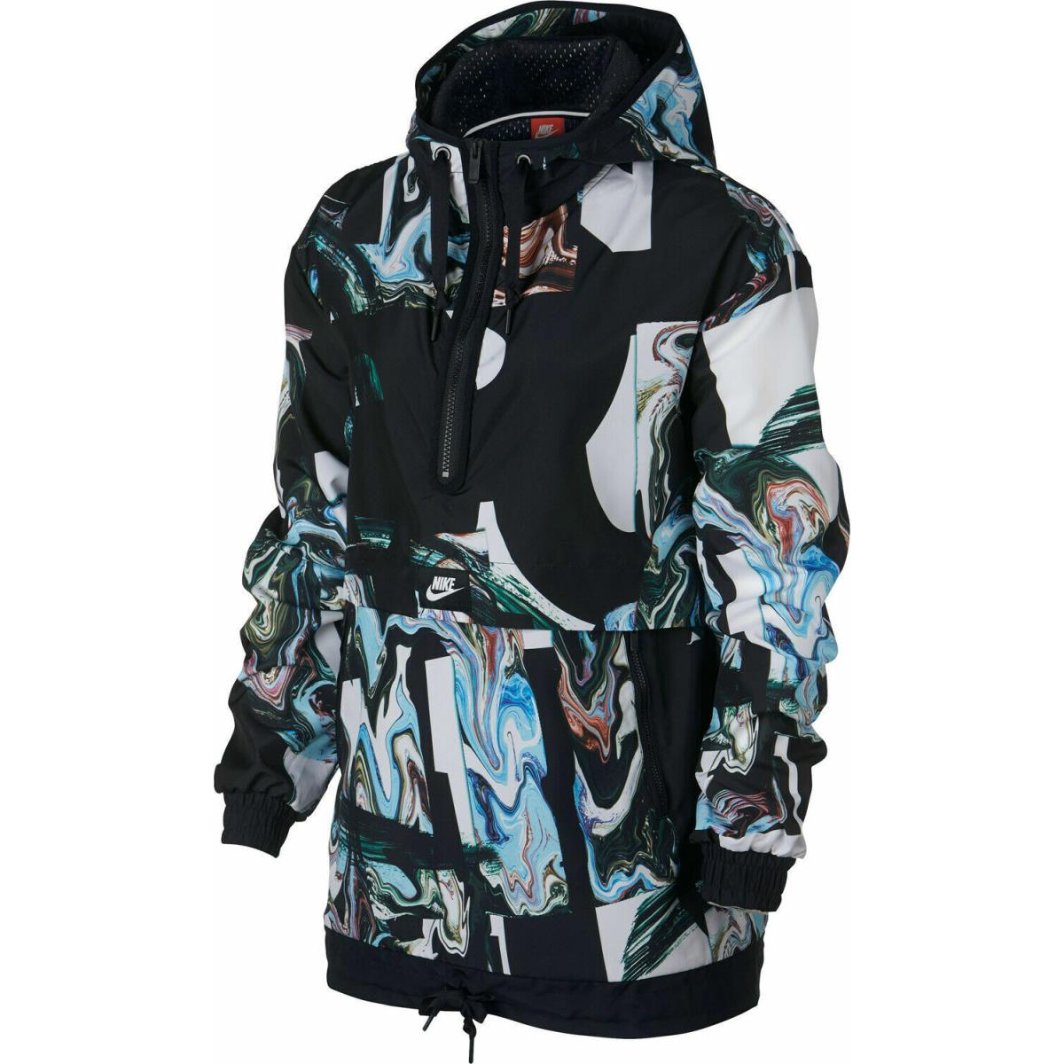 Nike Women`s Black/multi Marble-print Half-zip Hooded Jacket BQ6783-010 M