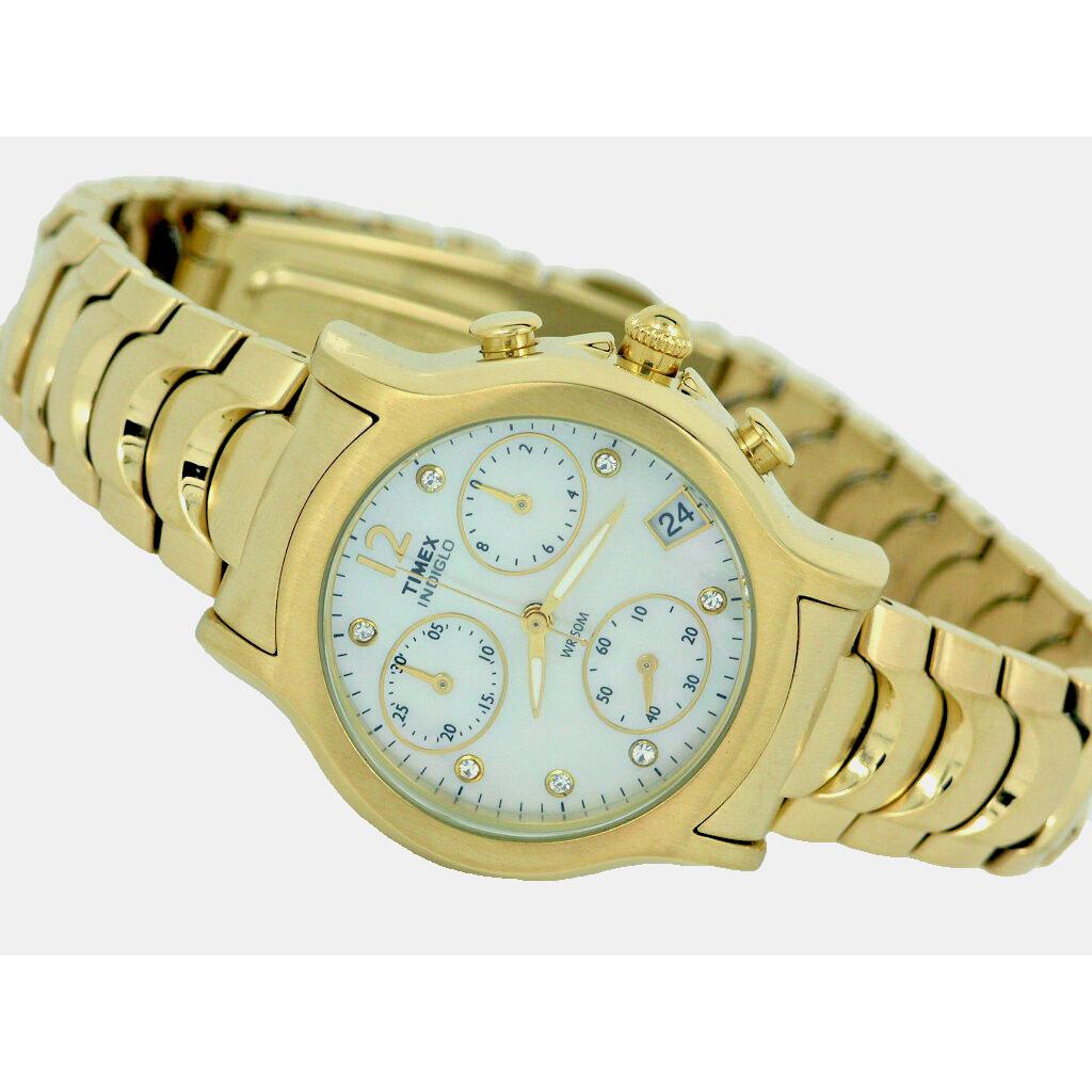 Timex 20523 Gold Tone Ladies Watch Chronograph Swarovski Crystals Mop