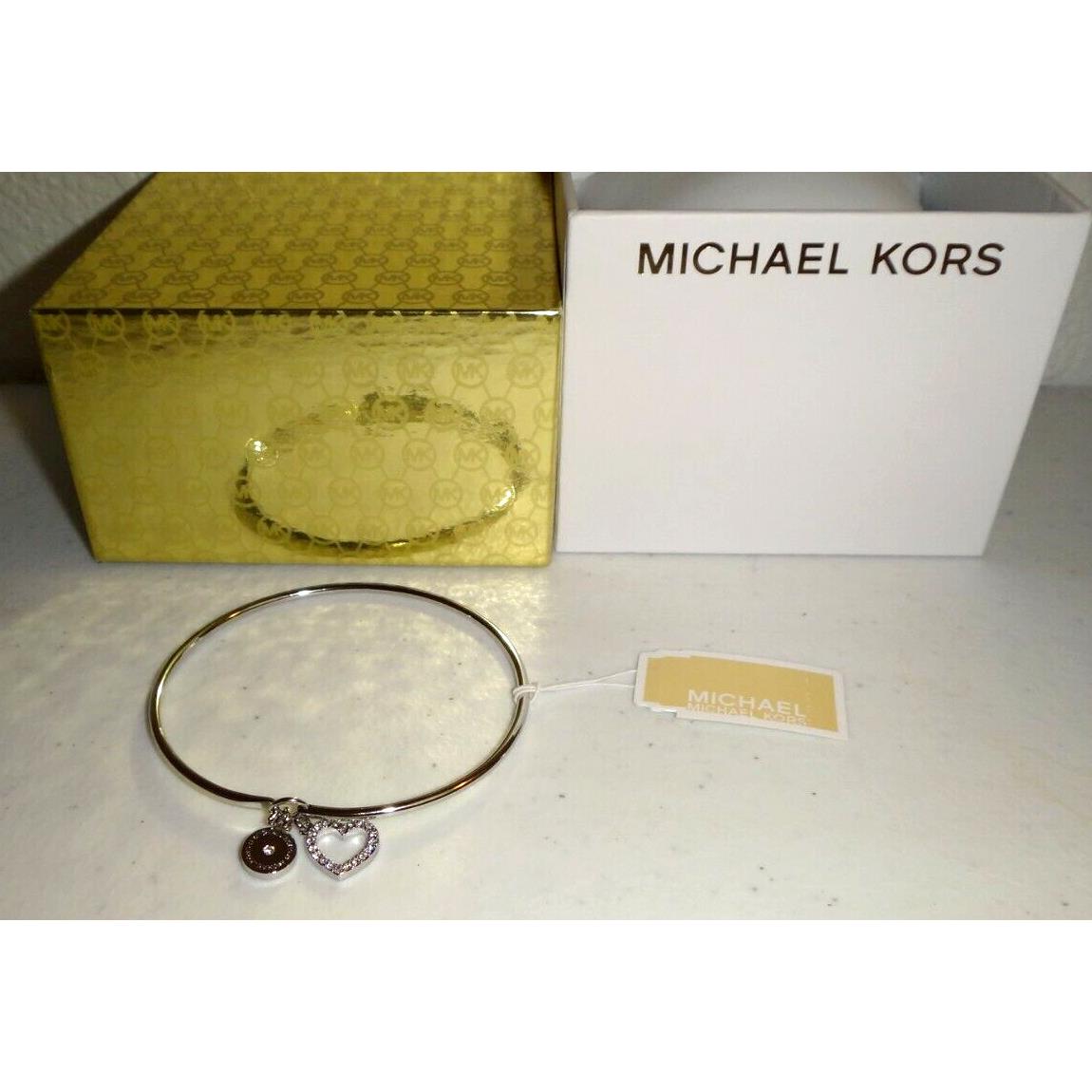 Michael Kors 2 Charms Logo Heart Silver Hook Eye Bracelet Crystals + MK Box