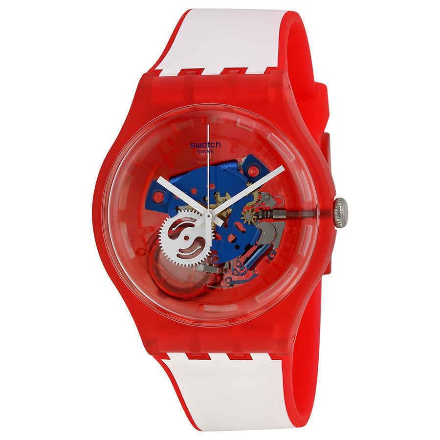 Swatch Clownfish Red Blue Transparent Dial White and Red Silicone Men`s Watch