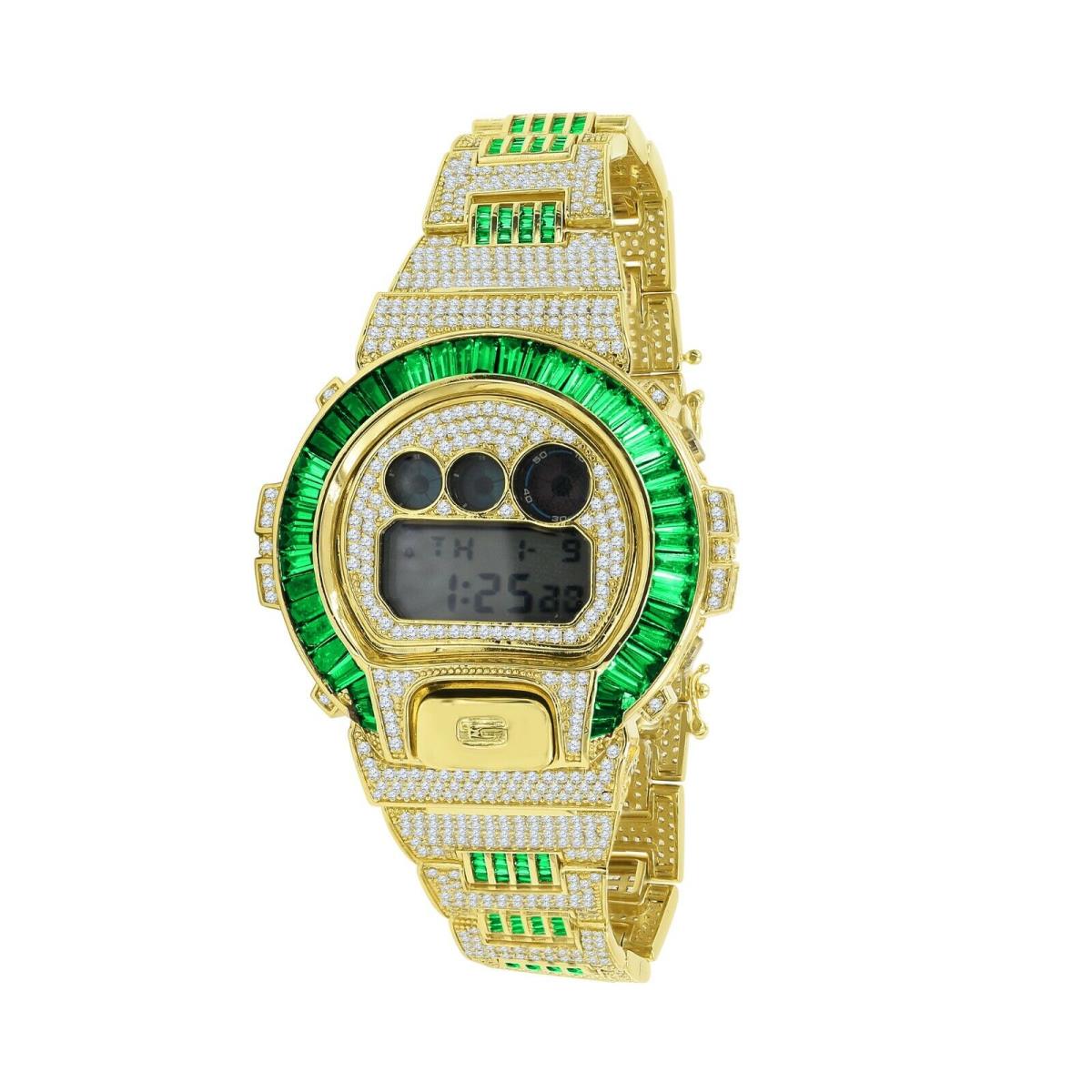 Emerald Green Gold Tone Lab Diamonds Custom Baguette Casio G-shock