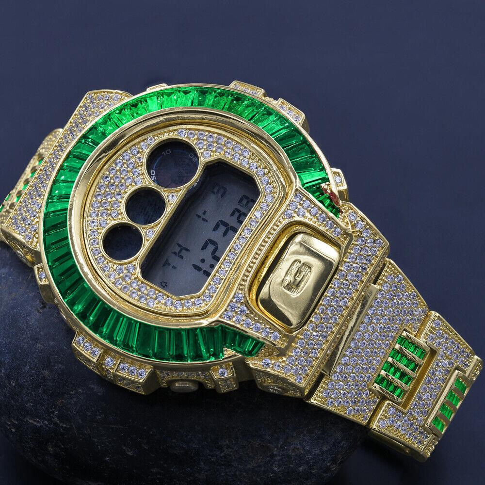 Emerald Green Gold Tone Lab Diamonds Custom Baguette Casio G-shock DW 6900 Watch