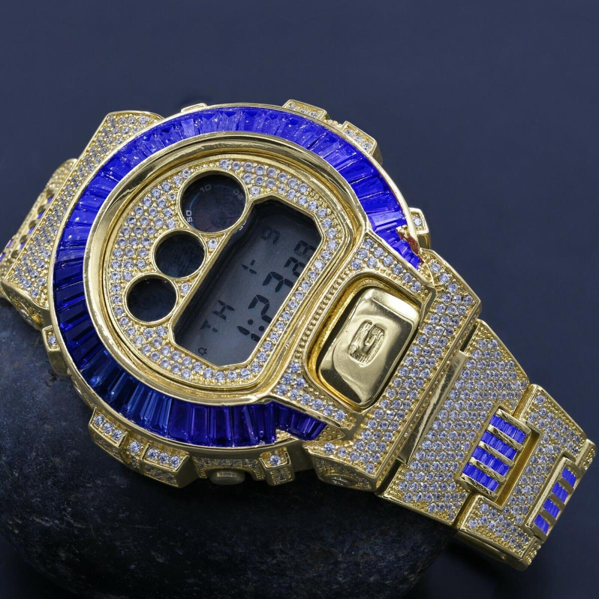 Yellow Gold Tone Blue Sapphire Baguette Simulated Diamond G-shock DW -6900 Watch