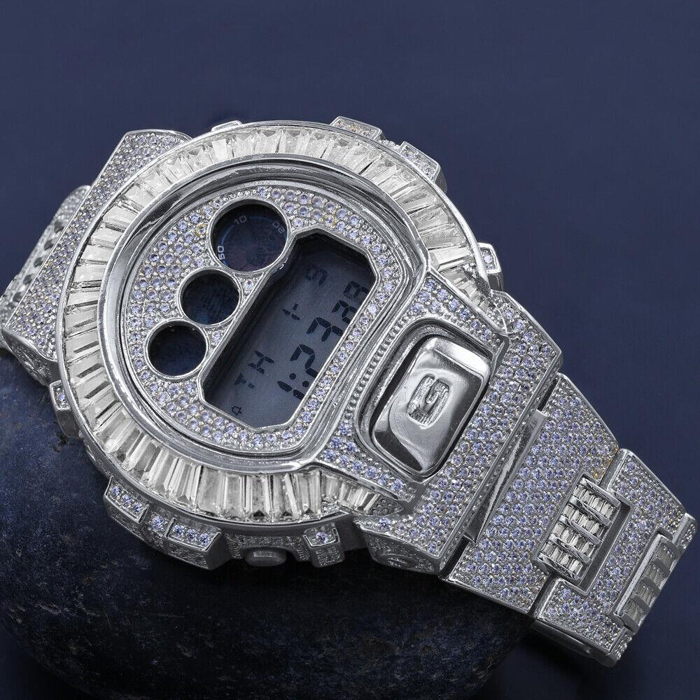 White Gold Tone Baguette/round Lab Diamonds Custom Casio G-shock DW6900 Watch