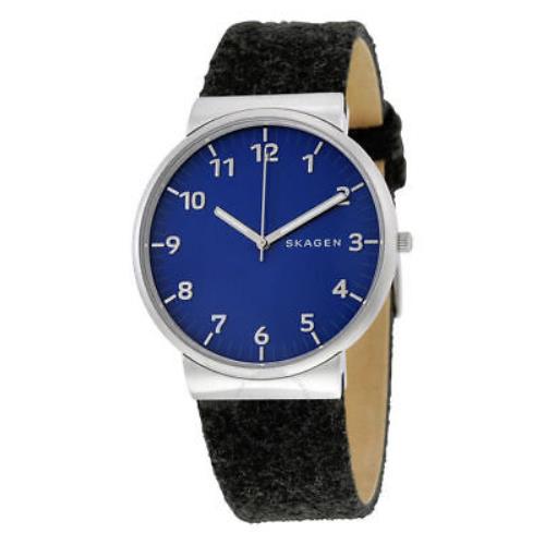 Men`s Skagen Ancher Felt Leather Band 3-Hand Analog Blue Dial Watch SKW6232