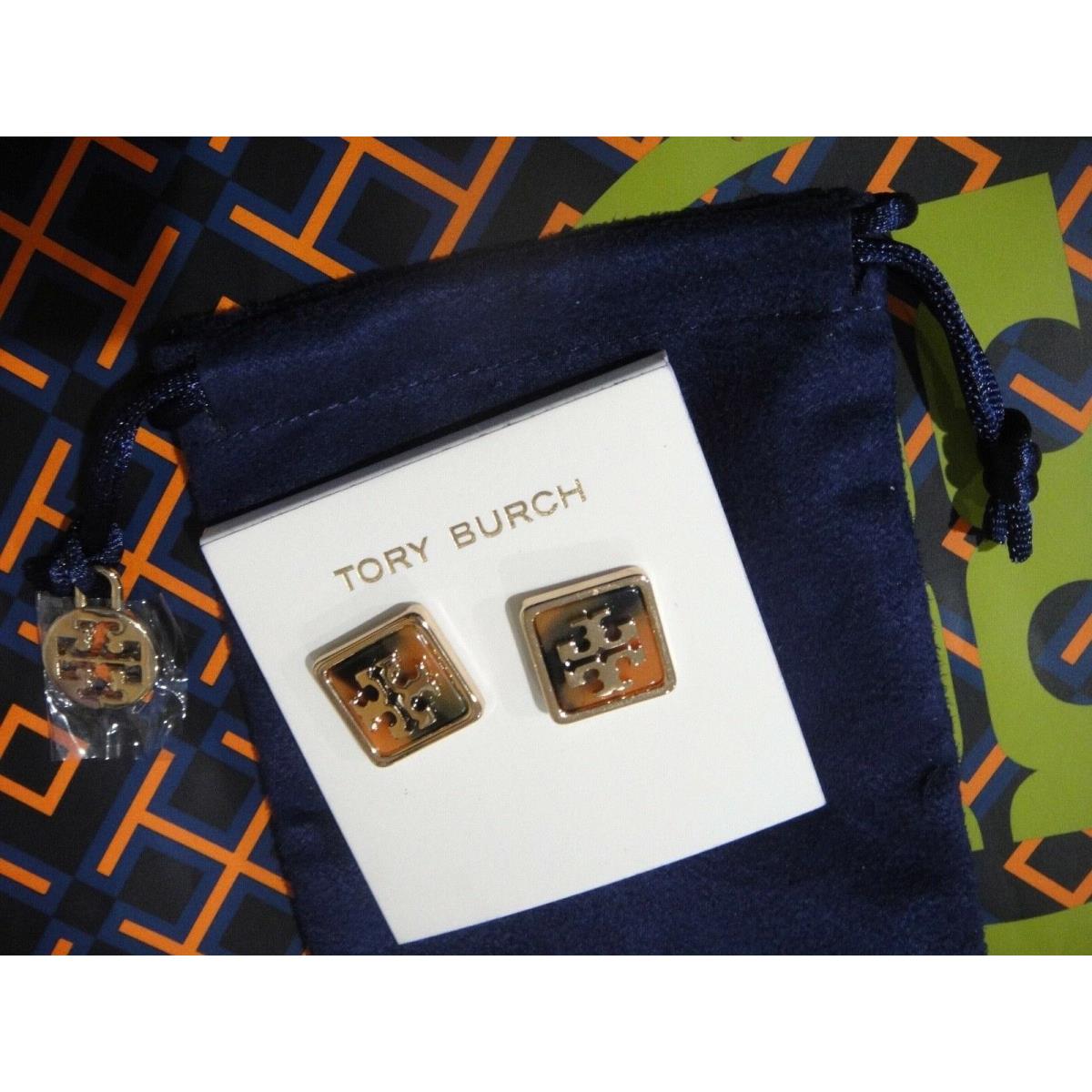 Tory Burch Resin Square Logo Stud Earrings with Velvet Pouch