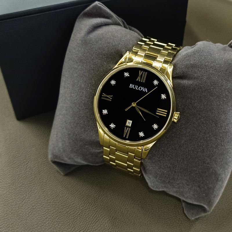 Bulova Men`s Gold Tone/diamond Black Dial 97D108 Classic Quartz Watch 40mm - Dial: Black, Band: Gold, Bezel: Gold